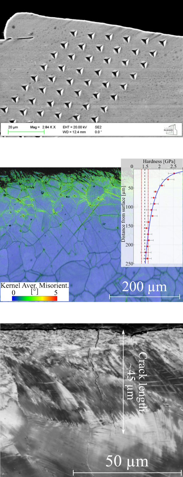 Electron backscatter of the work tool and stress corosion cracking of  brass and nano-indentetion. photo.